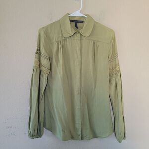 Mon Petit Oiseau Womens Long Sleeve 100% Silk Top Size S Green Boho Embroidered